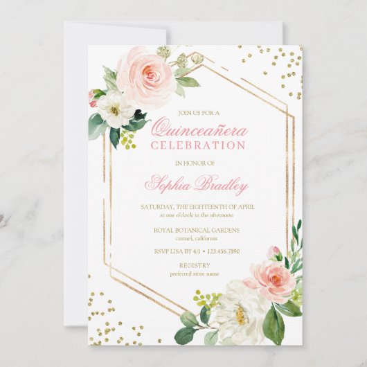 Elegant Blush Gold Pink Floral Quinceañera Kaart (Voorkant)