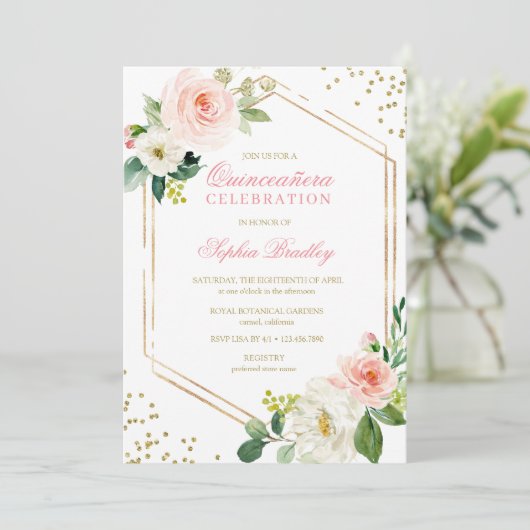Elegant Blush Gold Pink Floral Quinceañera Kaart (Staand voorkant)