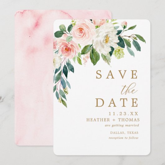 Elegant Blush Gold Waterverf Floral Wedding Save The Date (Voorkant / Achterkant)