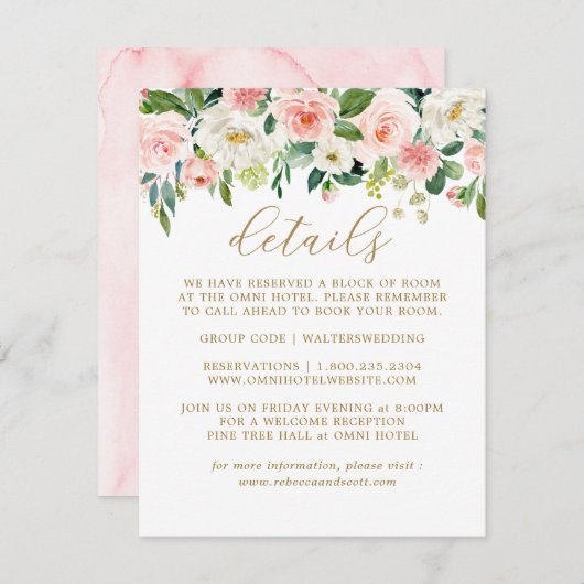 Elegant Blush Goud Bloemen Bruiloft Details Kaarte Informatiekaartje (Voorkant / Achterkant)