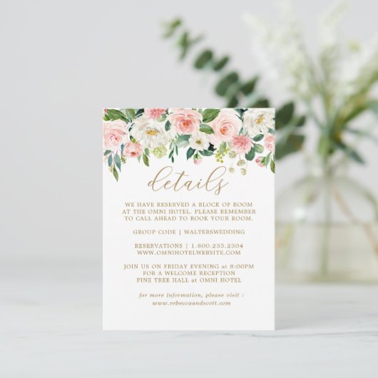 Elegant Blush Goud Bloemen Bruiloft Details Kaarte Informatiekaartje (Staand voorkant)