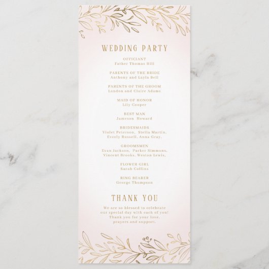 Elegant blush gouden botanische bruiloft programma (Achterkant)