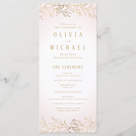 Elegant blush gouden botanische bruiloft programma (Voorkant)