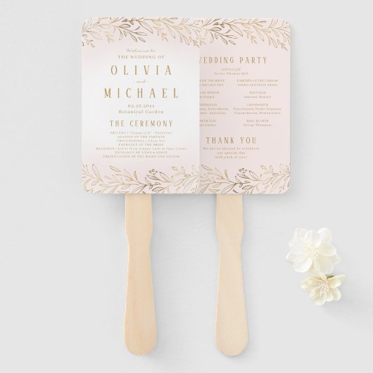 Elegant blush gouden botanische bruiloft programma handwaaier (Voorkant en achterkant)