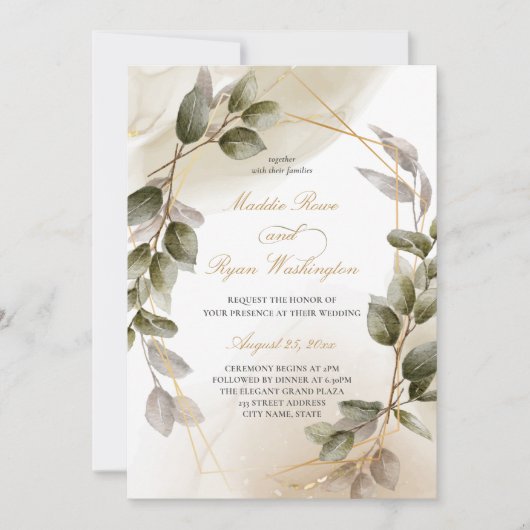 Elegant Blush Green & Gold Foliage Wedding Kaart (Voorkant)
