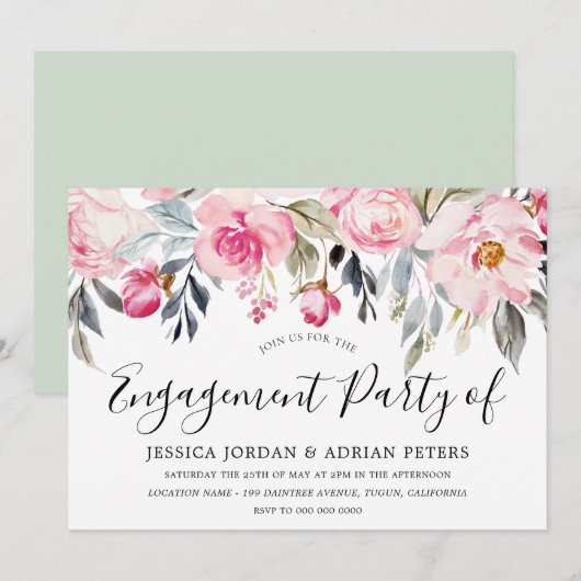 Elegant Blush & Greenery Floral Engagement Party Kaart (Voorkant / Achterkant)