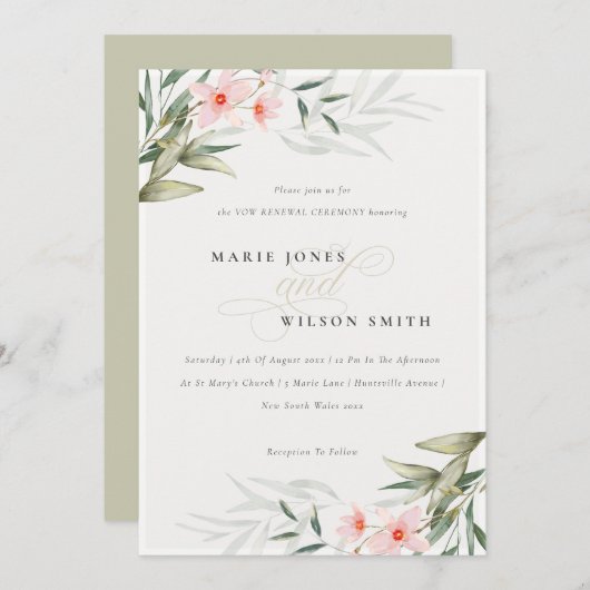 Elegant Blush Greenery Floral Vow Renewal Invite Bedankkaart (Voorkant / Achterkant)