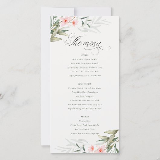 Elegant Blush Greenery Floral Wedding Menu Kaart (Voorkant)