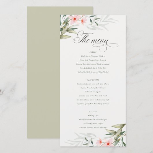 Elegant Blush Greenery Floral Wedding Menu Kaart (Voorkant / Achterkant)