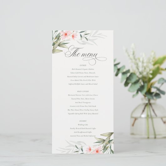 Elegant Blush Greenery Floral Wedding Menu Kaart (Staand voorkant)