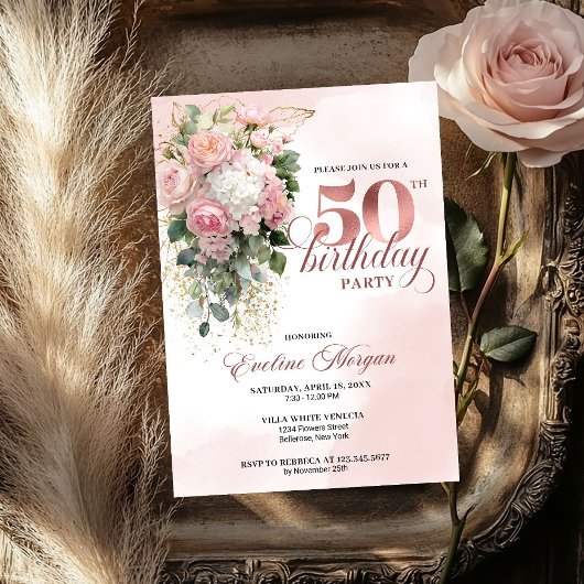 Elegant Blush Greenery Rose Gold 50th Birthday  Kaart