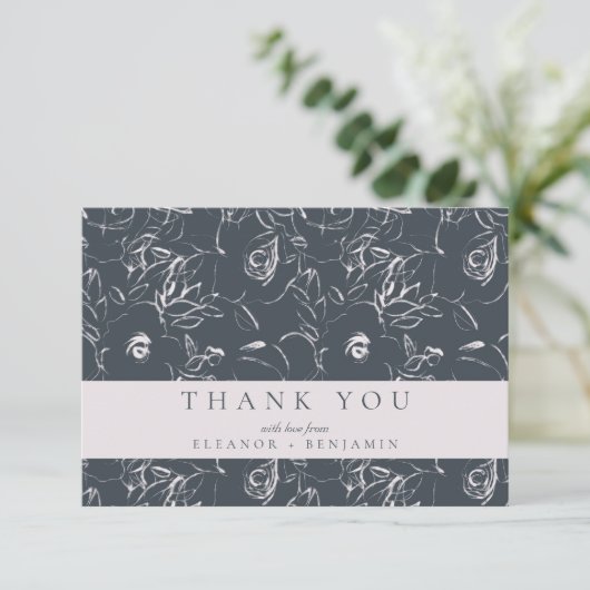 Elegant Blush Grey Botanical Floral Wedding Custom Bedankkaart (Staand voorkant)