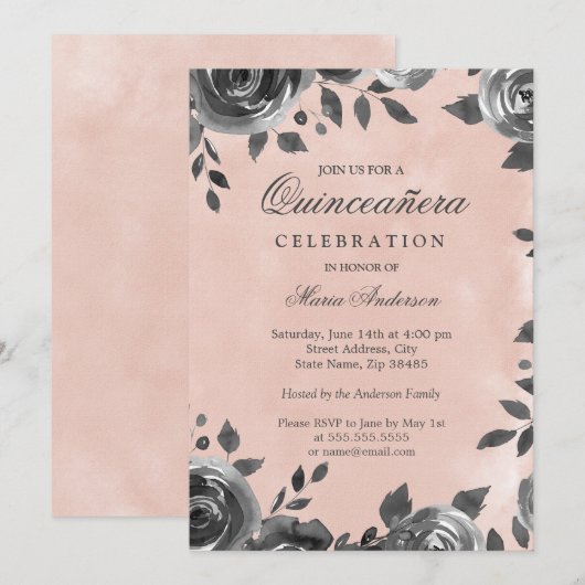 Elegant Blush & Grey Waterverf Quinceanera nodigt  Kaart (Voorkant / Achterkant)