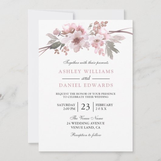Elegant Blush & Grey White Floral Wedding Kaart (Voorkant)