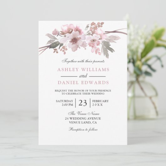 Elegant Blush & Grey White Floral Wedding Kaart (Staand voorkant)