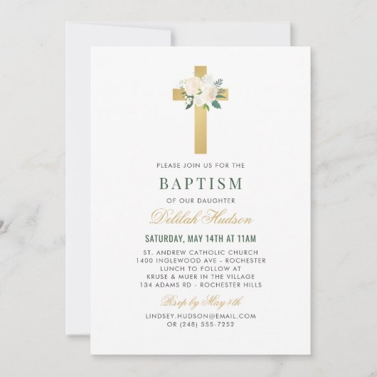 Elegant Blush Groen Goud Bloemen Kruis Meisje Dop Kaart (Voorkant)