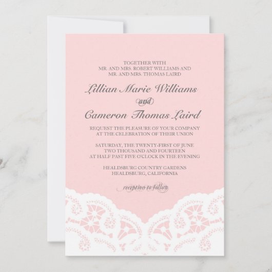 Elegant Blush Lace Wedding Invitation Kaart (Voorkant)