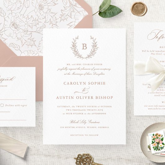 Elegant Blush Laurel Wreath Wedding Monogram Kaart