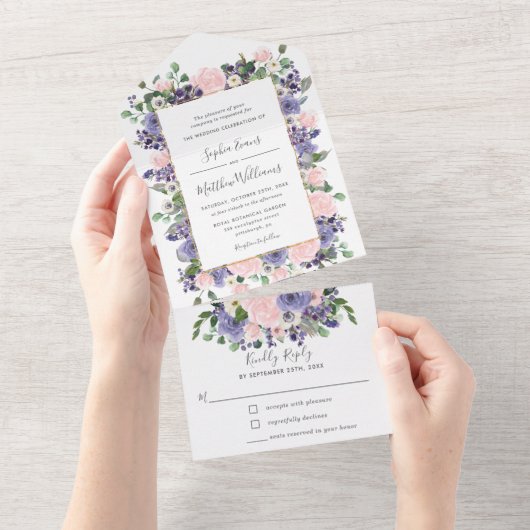 Elegant Blush & Lavender Floral Gold Wedding All In One Uitnodiging (Afscheurbaar)
