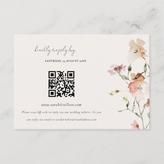 Elegant Blush Meadow Floral Wedding RSVP QR Code Informatiekaartje (Voorkant)