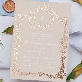 Elegant Blush monogram Roos Gold Crest Bruiloft Folie Uitnodiging