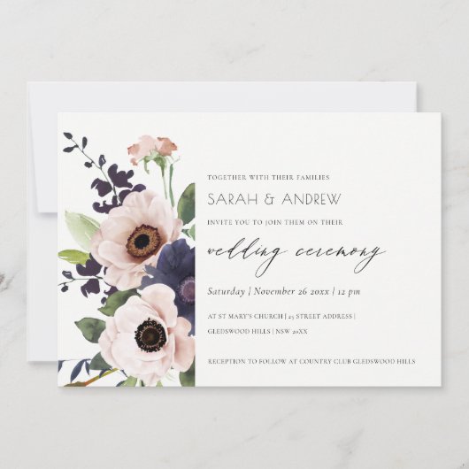 Elegant Blush Navy Anemone Floral Wedding Invite Bedankkaart (Voorkant)