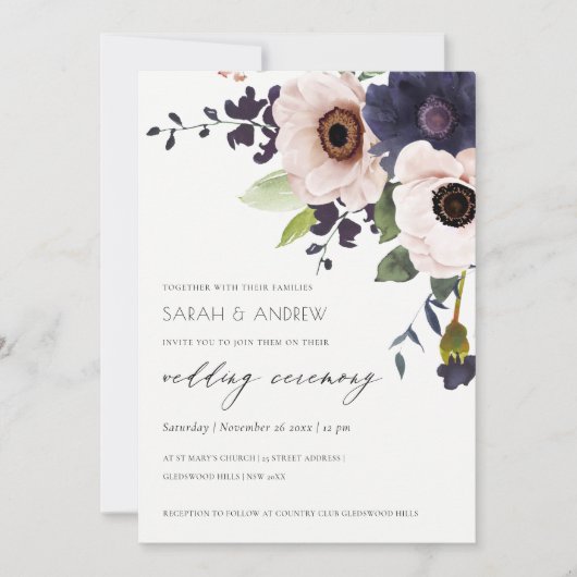 Elegant Blush Navy Anemone Floral Wedding Invite Bedankkaart (Voorkant)