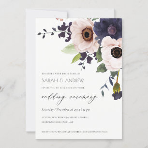 Elegant Blush Navy Anemone Floral Wedding Invite Bedankkaart