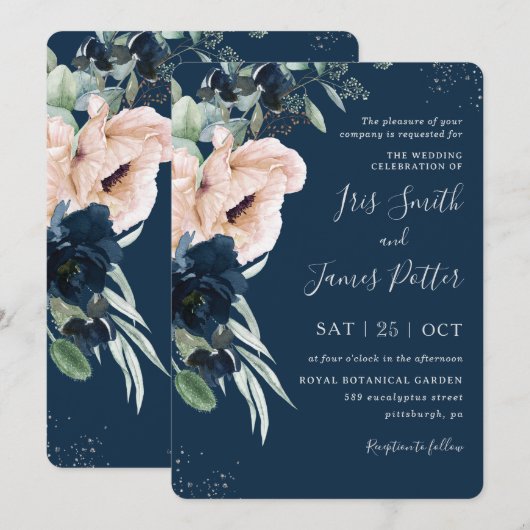 Elegant Blush Navy Blauw Bloemen Zilveren Bruiloft Kaart (Voorkant / Achterkant)