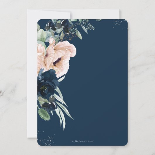 Elegant Blush Navy Blauw Bloemen Zilveren Bruiloft Kaart (Achterkant)