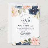 Elegant Blush & Navy Floral 70th Birthday Party Kaart (Voorkant)