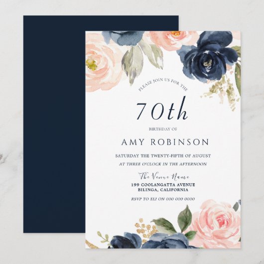 Elegant Blush & Navy Floral 70th Birthday Party Kaart (Voorkant / Achterkant)
