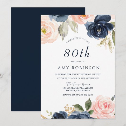 Elegant Blush & Navy Floral 80th Birthday Party Kaart (Voorkant / Achterkant)