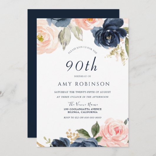 Elegant Blush & Navy Floral 90th Birthday Party Kaart (Voorkant / Achterkant)