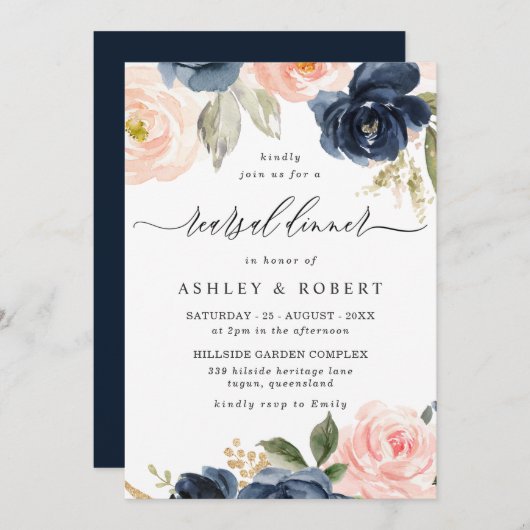 Elegant Blush & Navy Floral Rehearsal Dinner Kaart (Voorkant / Achterkant)