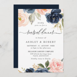 Elegant Blush & Navy Floral Rehearsal Dinner Kaart