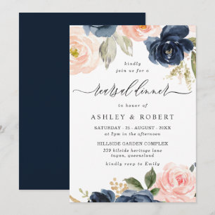 Elegant Blush & Navy Floral Rehearsal Dinner Kaart