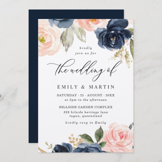 Elegant Blush & Navy Floral Shimmer Wedding Kaart (Voorkant / Achterkant)