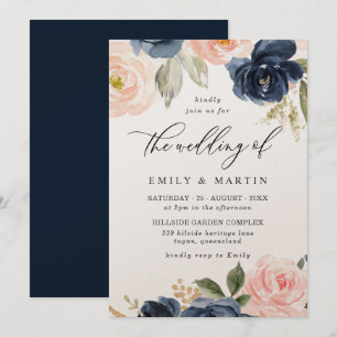 Elegant Blush & Navy Floral Shimmer Wedding Kaart