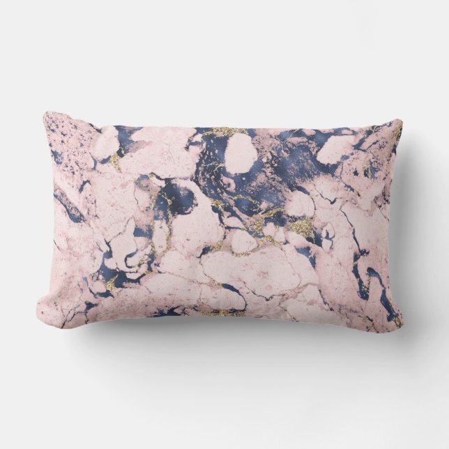 Elegant Blush Navy Gold Marble Lumbar Pillow Buitenkussen (Voorkant)