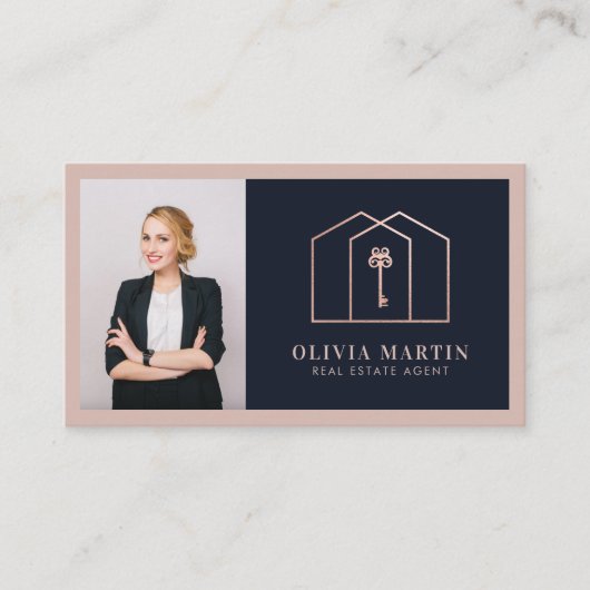 Elegant Blush & Navy Professional Real Estate Visitekaartje (Voorkant)