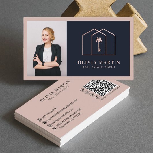Elegant Blush & Navy Professional Real Estate Visitekaartje