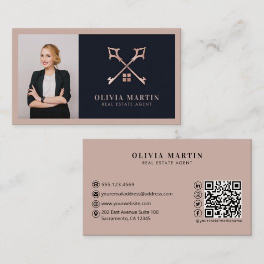 Elegant Blush & Navy Professioneel Vastgoed Logo Visitekaartje (Voorkant / Achterkant)