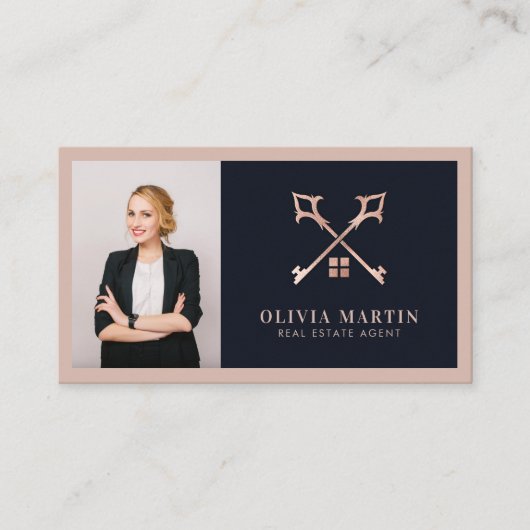 Elegant Blush & Navy Professioneel Vastgoed Logo Visitekaartje (Voorkant)