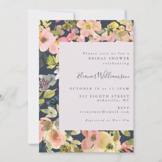 Elegant Blush Navy Waterverf Floral Vrijgezellenfe Kaart (Voorkant)