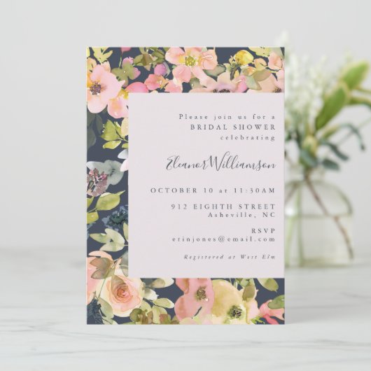 Elegant Blush Navy Waterverf Floral Vrijgezellenfe Kaart (Staand voorkant)