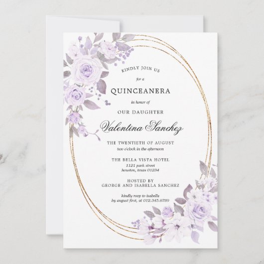 Elegant Blush Paarse Roos floral Quinceanera Kaart (Voorkant)