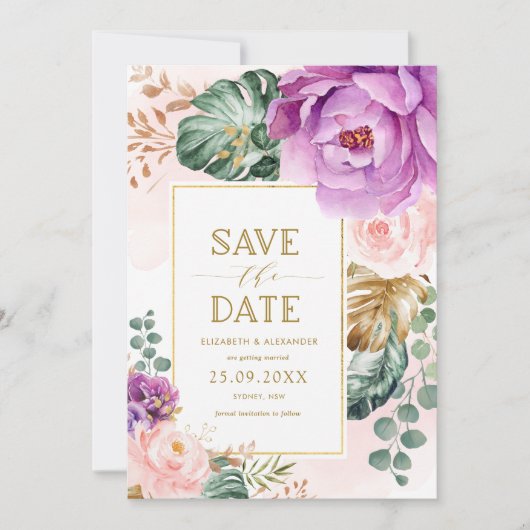 Elegant Blush Paarse Tropische Floral Save the Dat Kaart (Voorkant)