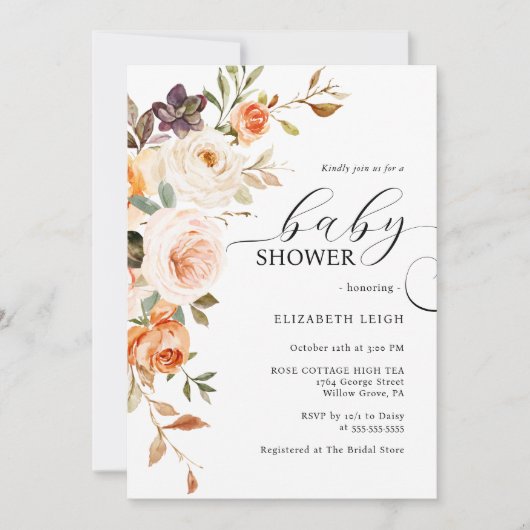 Elegant Blush Peach Bloemen Baby shower Uitnodigin Kaart (Voorkant)