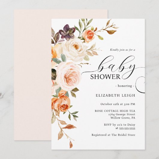 Elegant Blush Peach Bloemen Baby shower Uitnodigin Kaart (Voorkant / Achterkant)